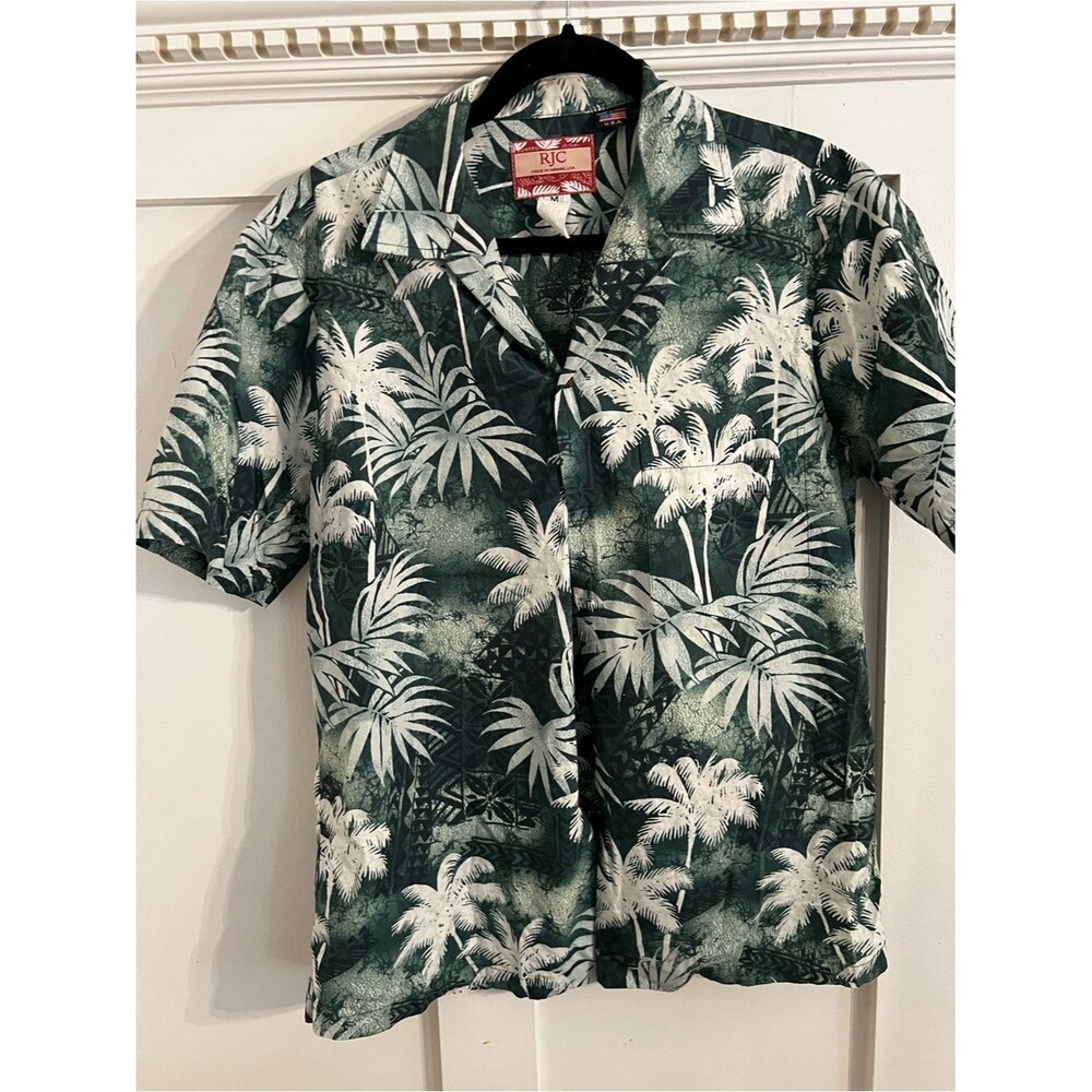 Vintage RJC Men's Hawaiian Shirt Green Palm Tree Print M Made in Hawaii
